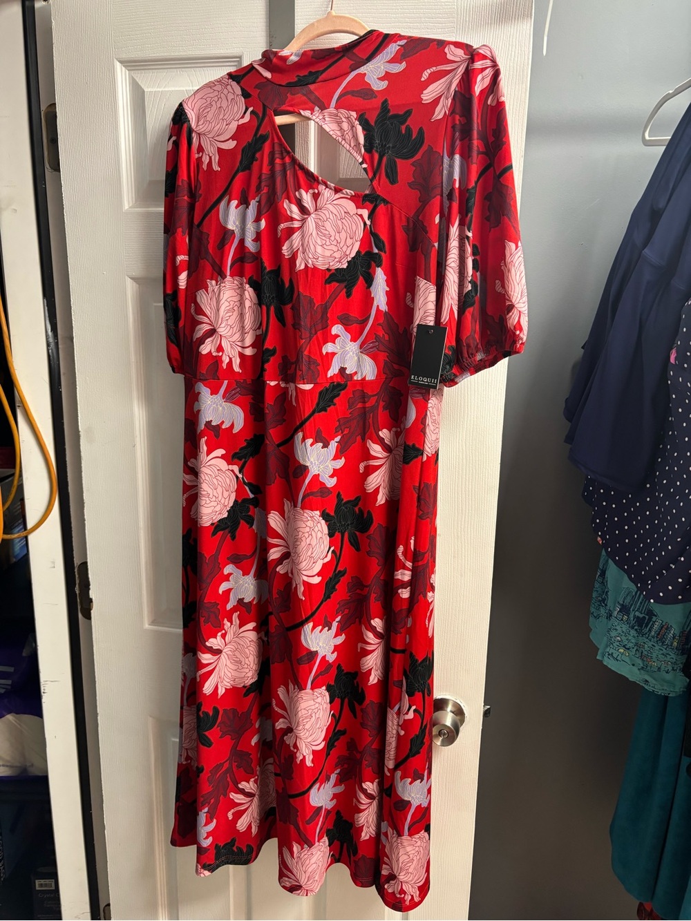 Eloquii Red Floral Midi Dress with Pink and Black Details - Picture 2 of 5